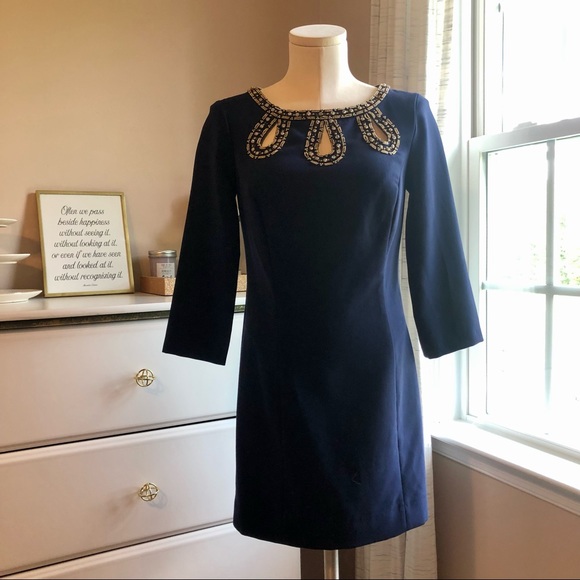 LILLY PULITZER Bronte Embellished Keyhole Crepe Shift Dress Navy/Gold Sz 2 - Picture 3 of 15